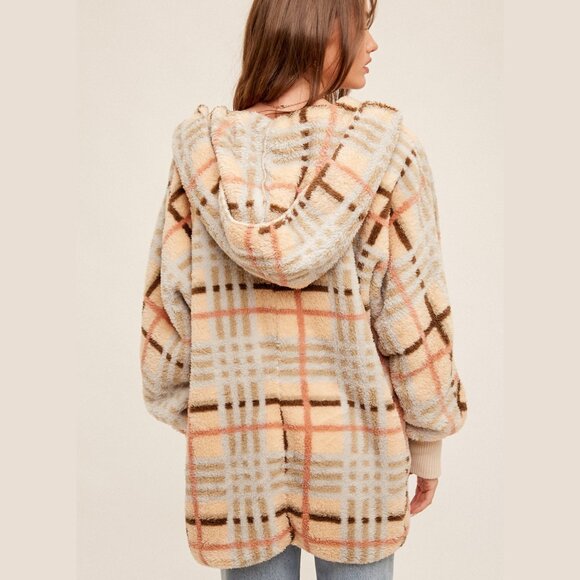NEW Boutique Hooded Plaid Teddy Jacket Cozy Sherpa Fleece Weekend Furry Soft - Picture 4 of 6